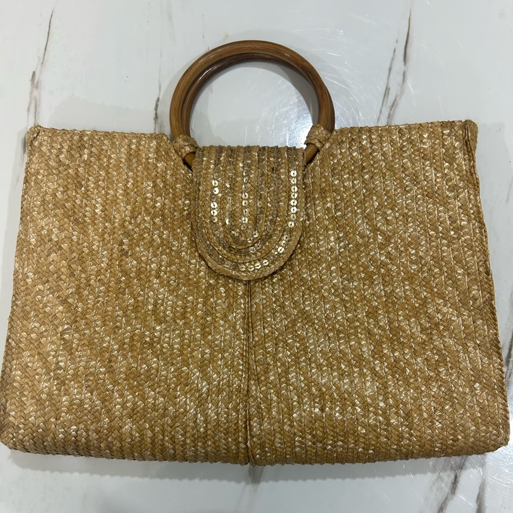 Old Navy Straw Braided Sequin Handbag with Wooden Handles